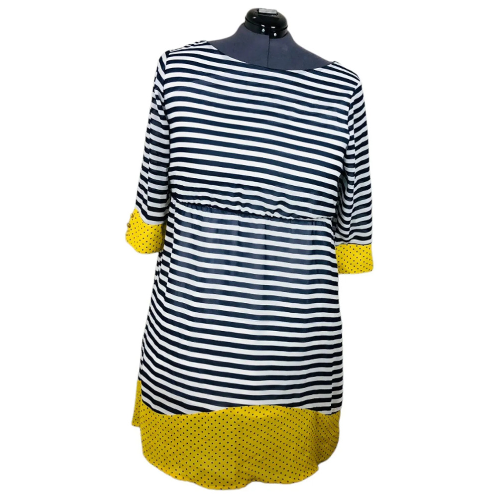 Womens Striped Polka Dot 3/4 Sleeve Scoop Neck Midi Dress Black Yellow 2X